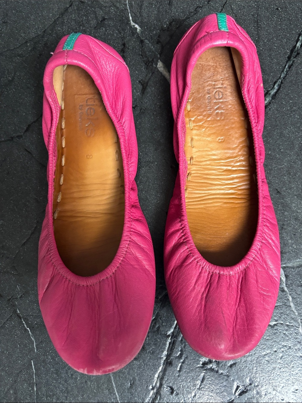 Tieks Women's Pink Leather Ballet Flats with Teal Pull Tab